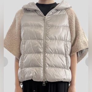 Mansion Hooded Wool Blend Short Sleeve Cropped Poncho Tan Puffer Jacket size M